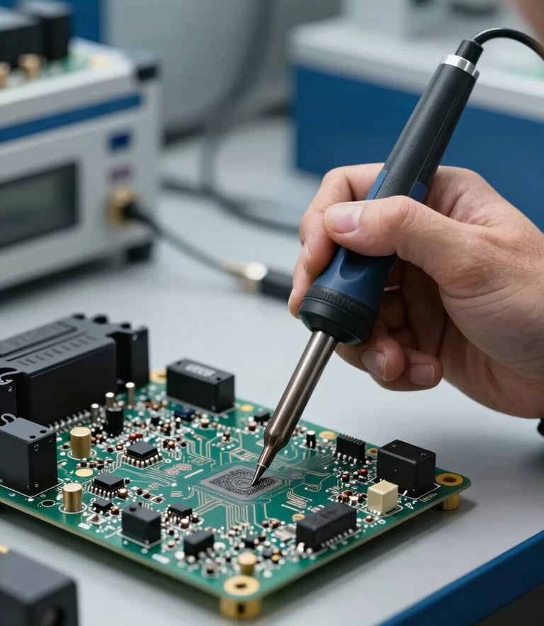 Close-up of a technician's hand using a high-precision soldering iron on a car's engine control unit circuit board. The setting is a clean, modern workshop in Southern Europe with steel blue and dark blue accents. The lighting is bright and professional, highlighting the intricate electronic components.