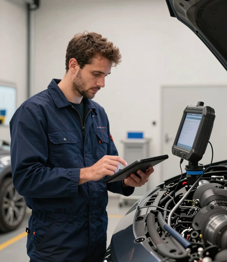 A professional Southern European automotive technician in a dark blue uniform using a diagnostic tablet connected to a luxury vehicle inside a modern, clean garage. The environment is well-lit with off-white walls and steel blue equipment.