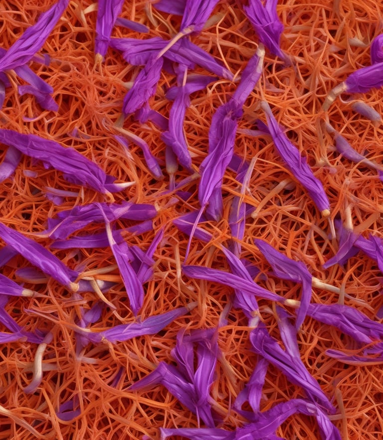 A cluster of vibrant purple saffron flowers with long red stigmas blooming amidst brown autumn leaves. The petals are delicately lined and arranged in a visually striking pattern, capturing attention with their bright contrast against the muted background.
