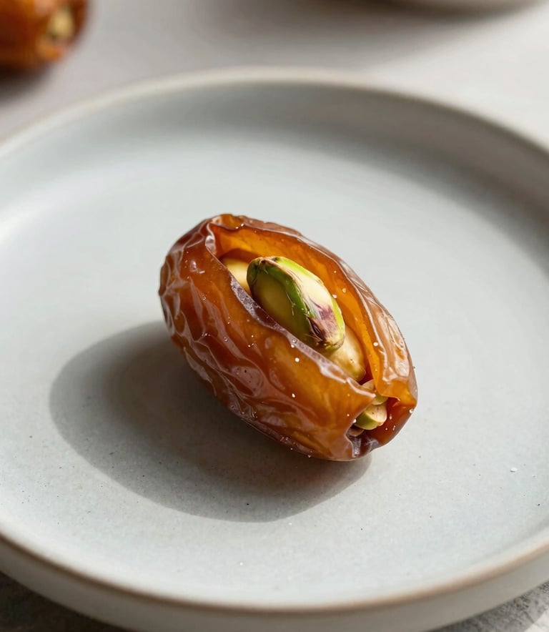 A minimalist, high-end close-up of a single artisanal stuffed date with pistachios on a matte light gray ceramic plate, natural sunlight, professional food photography style, Global Halal Market setting.