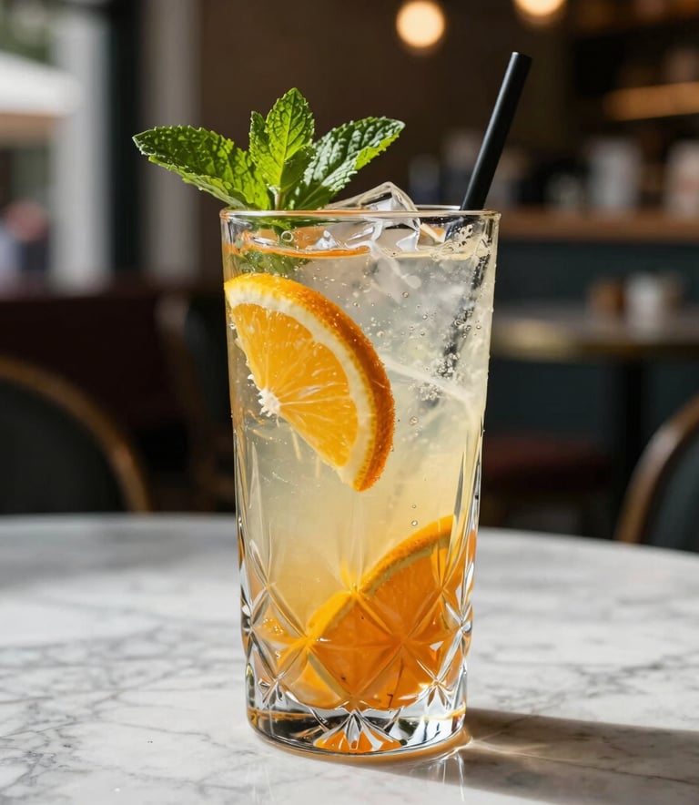 An aesthetic close-up of a refreshing mocktail with citrus and mint in a tall crystal glass, placed on a light gray marble surface in a sunlit Global Halal Market cafe.