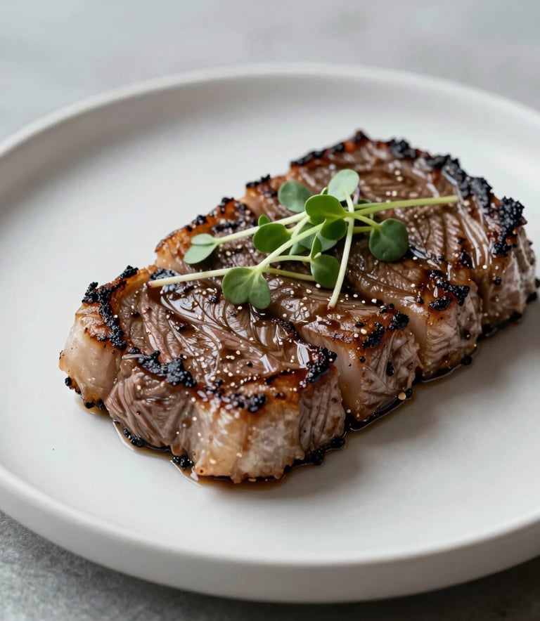 A premium, close-up photograph of a gourmet halal wagyu steak dish with microgreens, presented on a minimalist white ceramic plate. Natural soft lighting, clean composition, Global Halal Market aesthetic, utilizing a palette of light gray and near black.