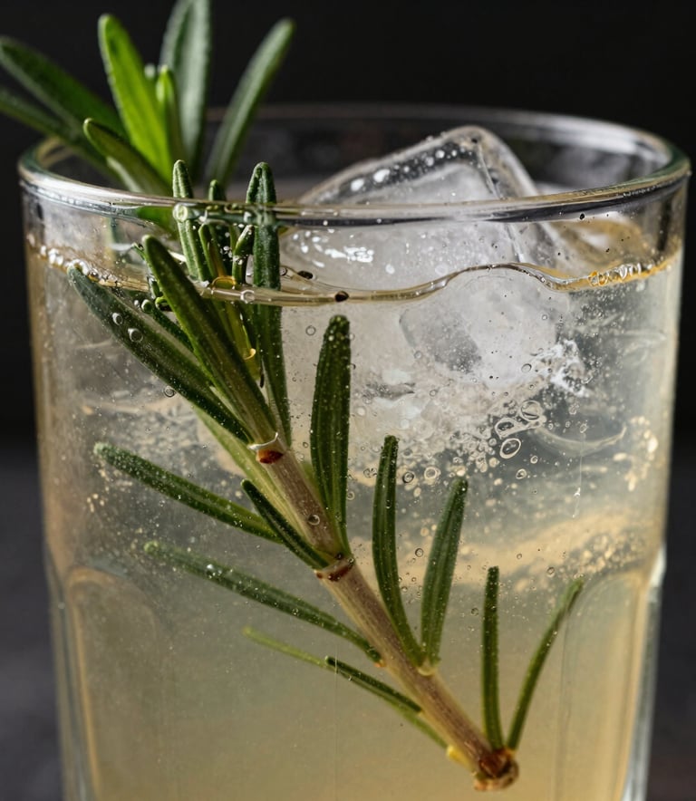 A sophisticated close-up of a non-alcoholic botanical drink in a heavy glass with ice and fresh herbs. Moody, premium lighting against a near black background, reflecting a professional and confident brand tone, Global Halal Market.