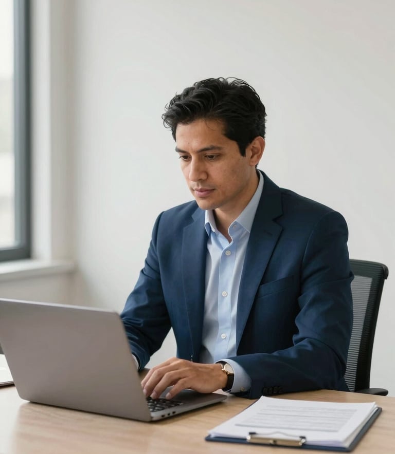 A professional Latin American consultant in a minimalist office, working at a clean desk with a laptop. Soft morning light, sharp focus on the professional, corporate blue and off-white colors in the background.
