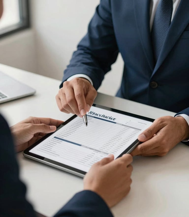 Close-up of professional hands in business attire reviewing an audit checklist on a tablet in a minimalist Latin American office. Soft natural lighting, deep navy blue and off-white office accents.