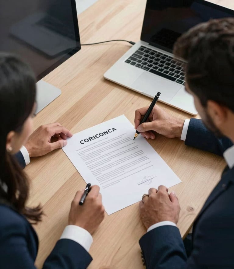 A top-down, clean photography shot of a wooden desk where two Latin American professionals are signing a formal certification document. High-end stationery and a minimalist silver laptop are visible. Professional office lighting, corporate dark blue and light gray tones.