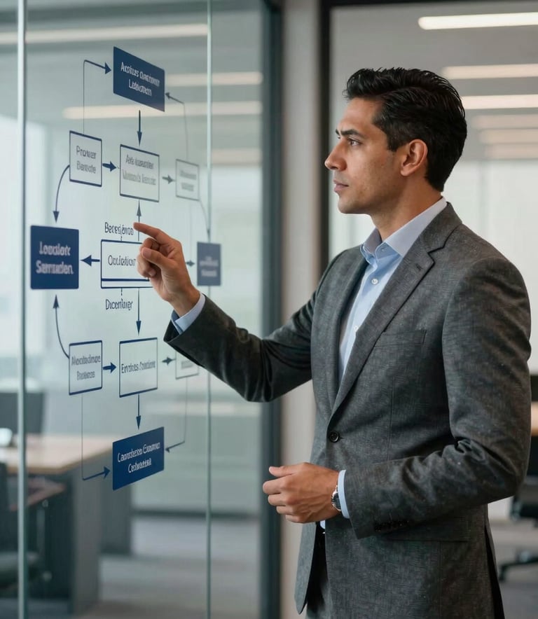 A professional Latin American consultant in a grey suit explaining a process map on a glass wall. High-end corporate environment, professional and focused atmosphere, with dark gray and navy blue accents.