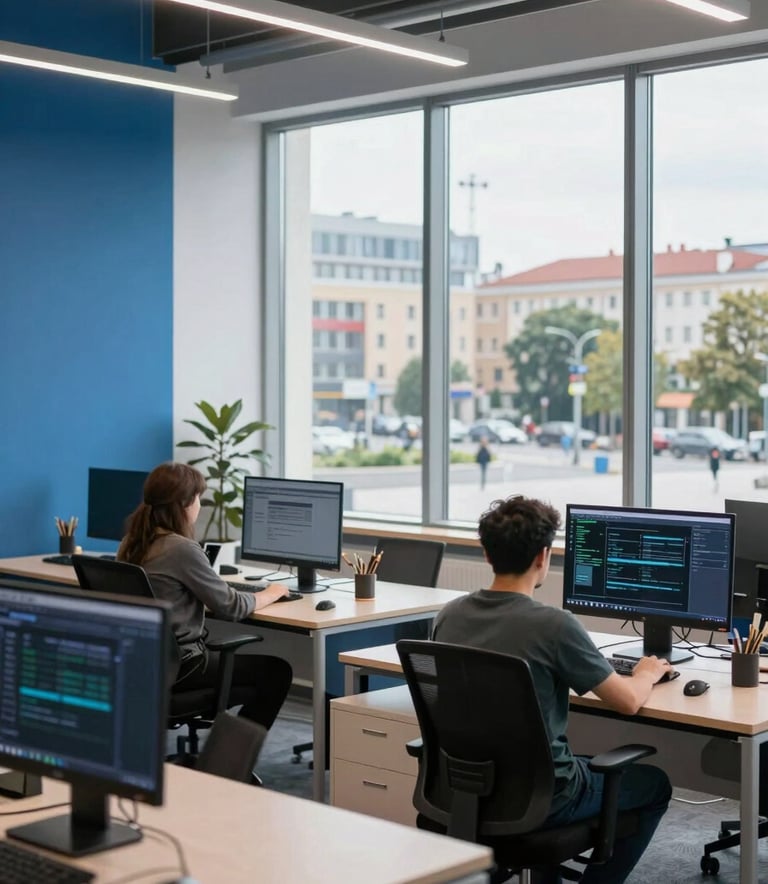 Modern software development studio in Ukraine with large windows overlooking a city square. The interior has clean lines, slate blue and pale steel blue accents, and a professional yet approachable tech company atmosphere.