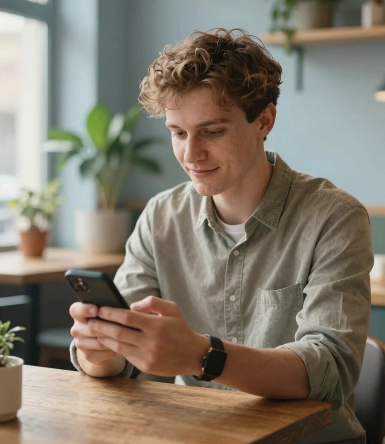 Candid photography of a young professional using a smartphone in a modern, plant-filled Eastern European / Ukrainian coffee shop. Natural morning light creates a warm, approachable atmosphere. Subtle muted blue and light blue details in the environment.