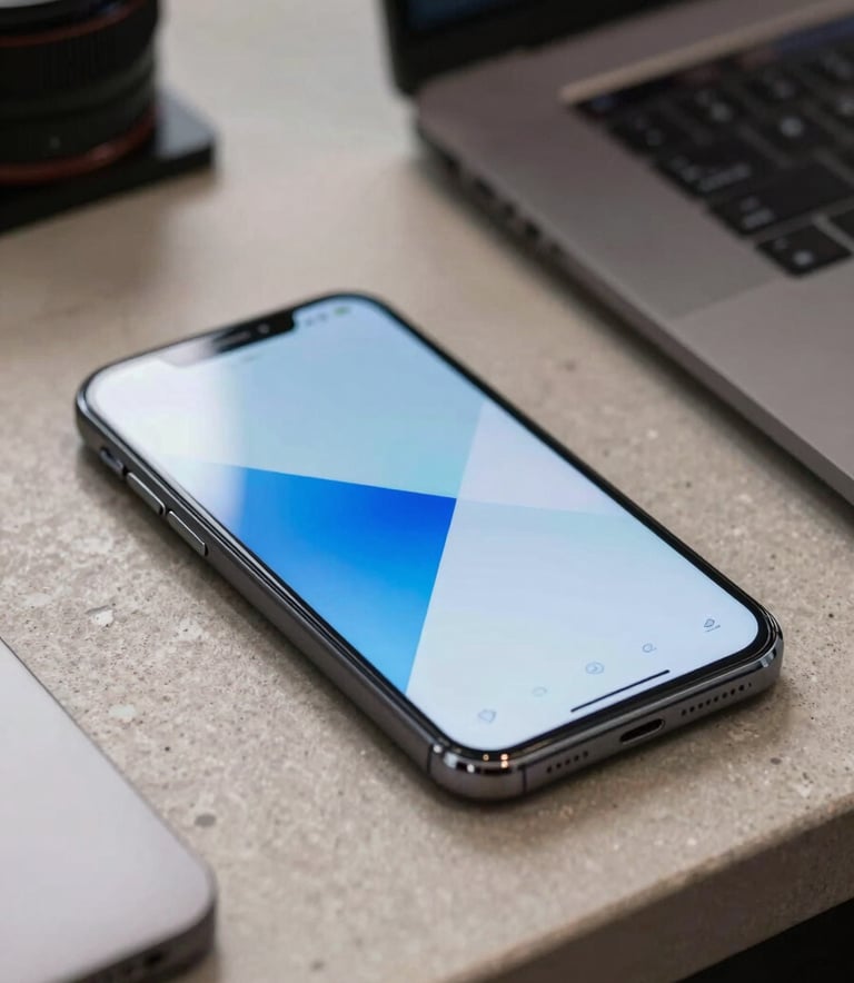 Close-up photography of a sleek Android smartphone resting on a polished stone surface in a modern Eastern European / Ukrainian tech studio. The screen displays a vibrant, minimalist mobile interface. Professional lighting highlighting soft light blue and off-white reflections.
