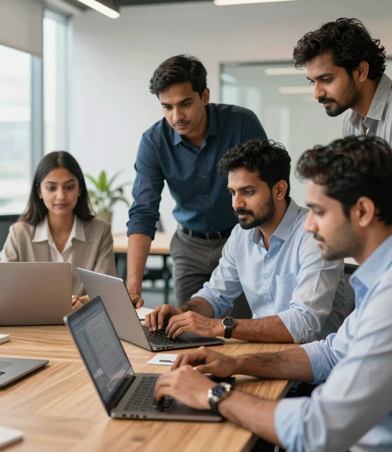 A group of diverse South Asian IT professionals collaborating in a bright, modern open-plan office in India. They are gathered around a sleek wooden desk with high-end laptops, conveying a sense of teamwork and premium quality.