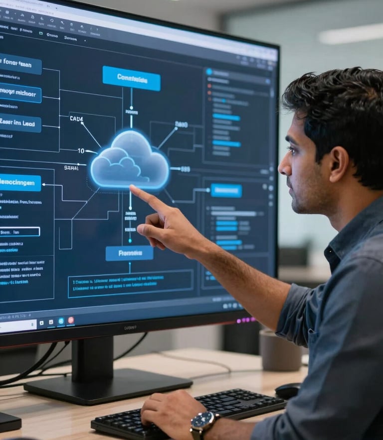 A focused South Asian software lead in a premium corporate office, pointing at a high-resolution screen showing complex cloud architecture. The lighting is professional with steel blue highlights, emphasizing a tech-forward and modern atmosphere.