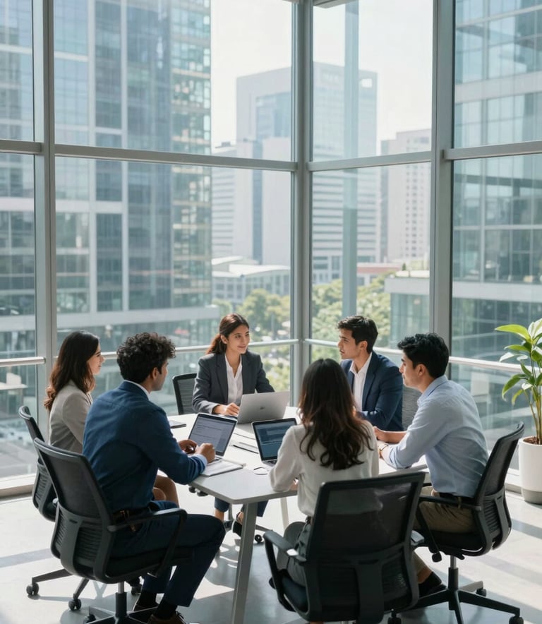 A high-angle professional shot of a modern glass-walled conference room in a South Asian / Indian metropolitan business hub. A group of professional IT consultants are engaged in a collaborative discussion around a sleek table. Bright, natural lighting with a tech-forward atmosphere, featuring cool blue tones and clean minimalist design.
