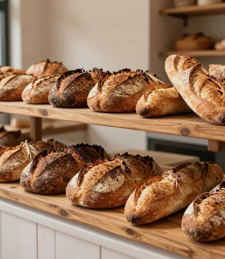 A high-quality photography of a rustic wooden display shelf in a modern South American bakery, showcasing various artisanal sourdough breads and golden baguettes, warm natural light, soft cream and brown tones in the background.