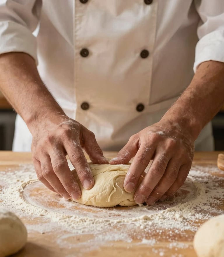 A close-up photograph of a professional baker's hands working with fresh dough on a floured wooden surface. The lighting is warm and natural, suggesting a South American bakery at sunrise. The palette features cream and tan tones, emphasizing an artisanal and reliable atmosphere.