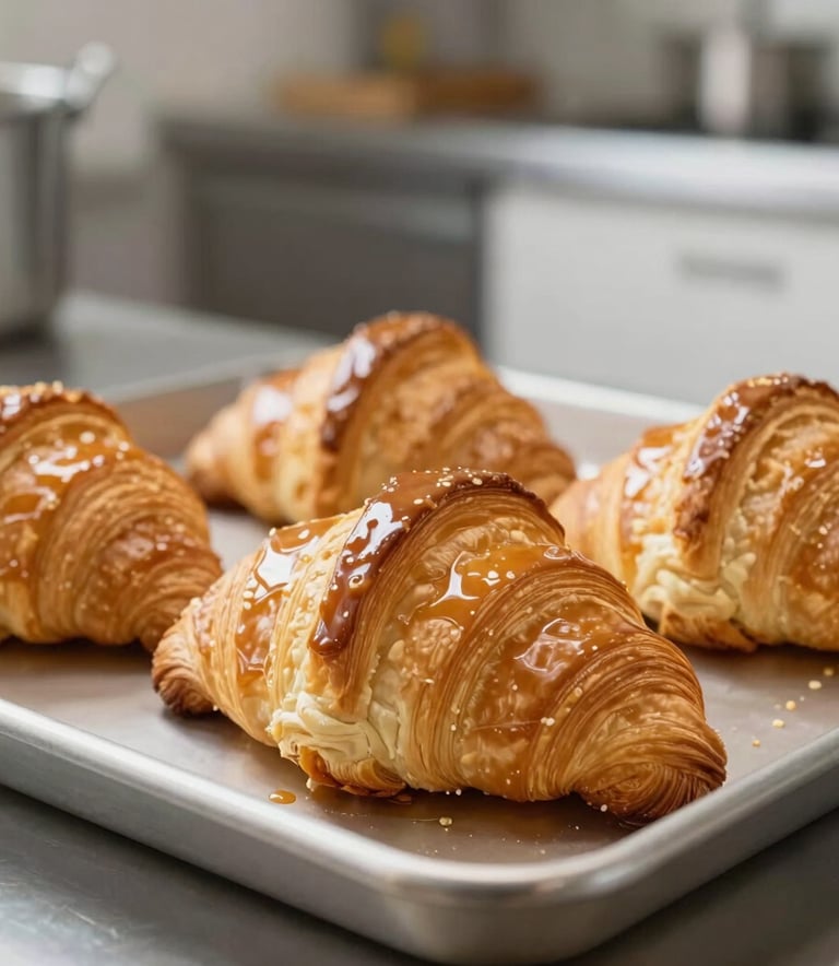Close-up of golden, flaky croissants being glazed by an artisanal baker in a clean, modern kitchen setting, soft focus on the background, South American / Brazilian context.