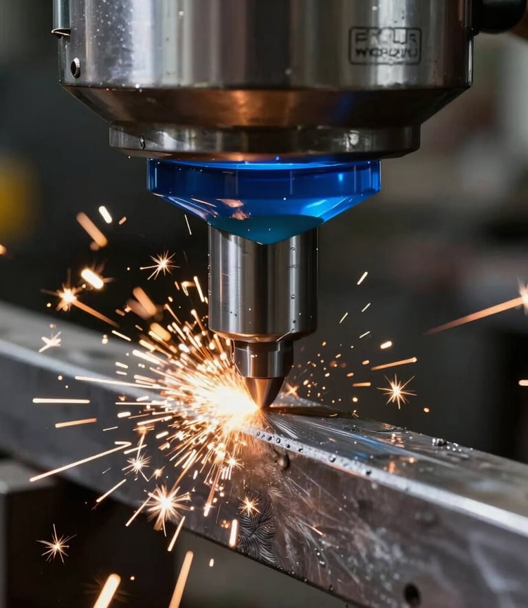 Close-up action shot of a milling tool carved into steel, sparks flying against a dark background, Blue coolant liquid, industrial precision, European / Spanish context, sharp focus.
