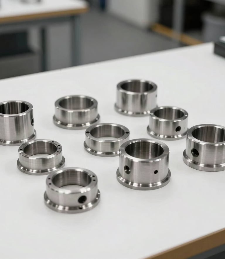 A collection of complex milled metal parts arranged neatly on a clean white surface. The parts show high-quality surface finishes, shot with professional studio lighting in a European industrial setting.