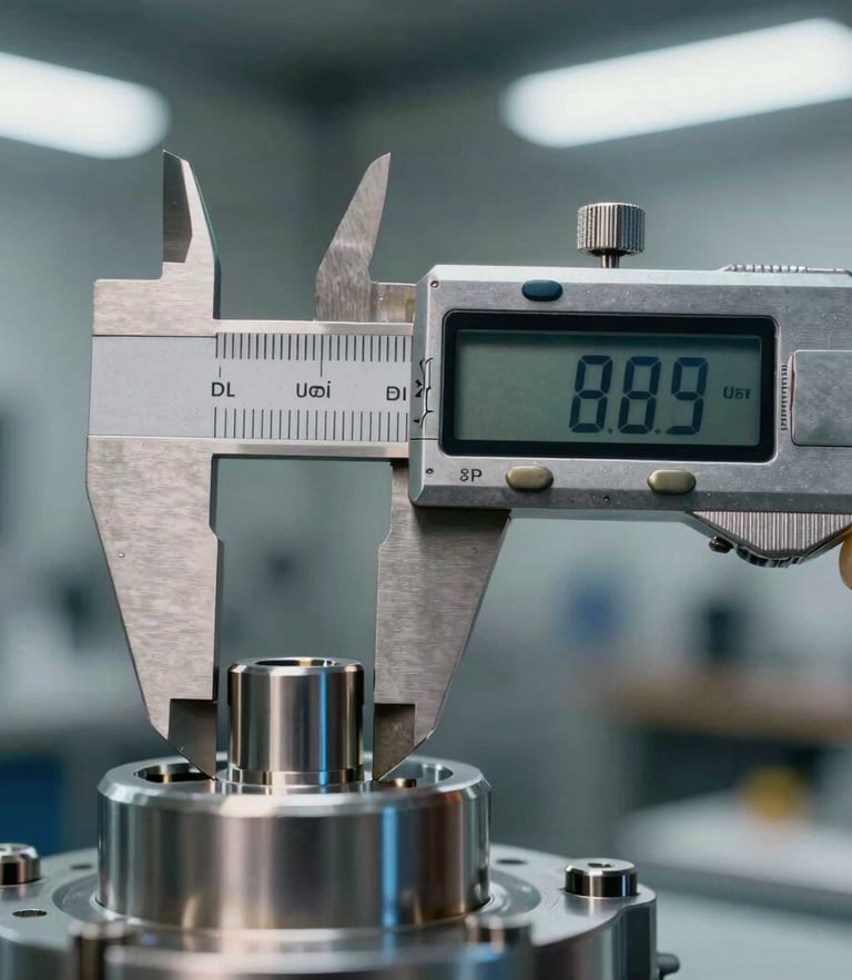A close-up photograph of a professional measuring tool, a digital caliper, measuring a high-precision metal mechanical component in a modern Spanish industrial facility. The lighting is sharp, emphasizing the metallic textures and the Belize Hole Blue reflections of the equipment.
