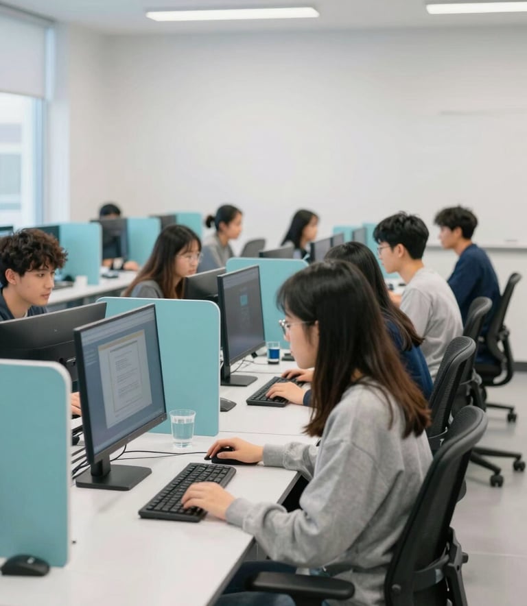A wide shot of a modern computer lab in the US with sleek desks and ergonomic chairs, students working collaboratively in a bright, clean, and inspiring environment, featuring dark blue and light aqua accents.