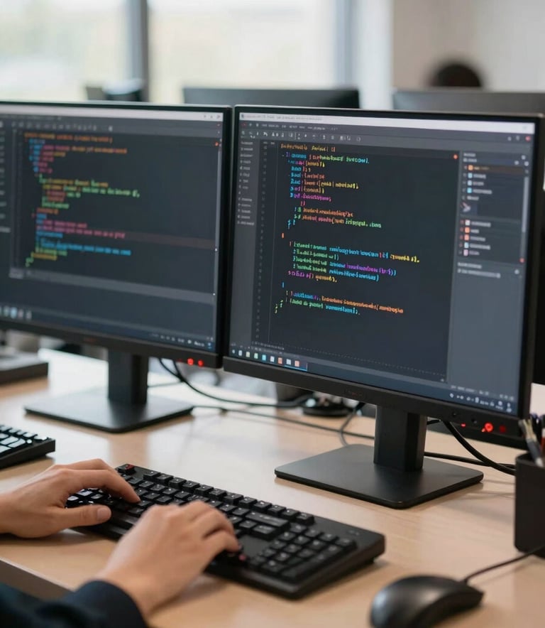 A close-up of a high-tech computer workstation in a bright, modern North American classroom setting, featuring sharp focus on a dual-monitor setup with code and design software visible, soft morning light.