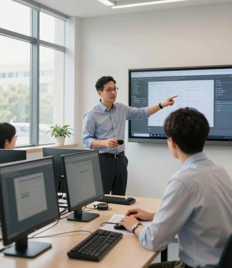 A bright, modern computer classroom in a North American institute. A professional instructor in business casual attire is standing beside a student, pointing at a screen showing high-end software. The atmosphere is professional and encouraging, with natural light coming from large windows.