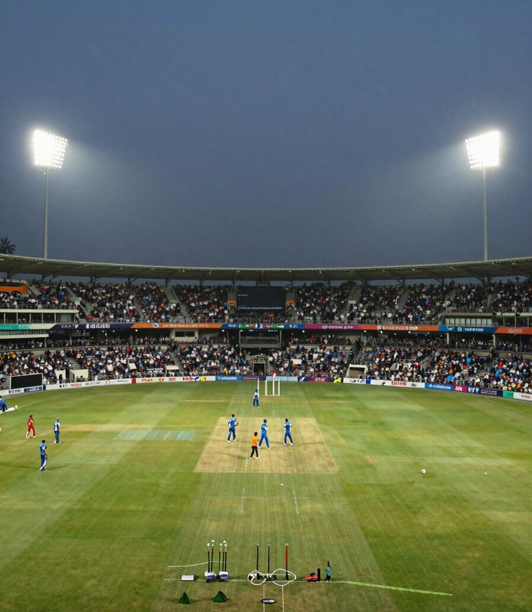 A wide-angle evening shot of a packed cricket stadium in India, illuminated by bright floodlights against a dark sky, vibrant energy with a premium aesthetic.