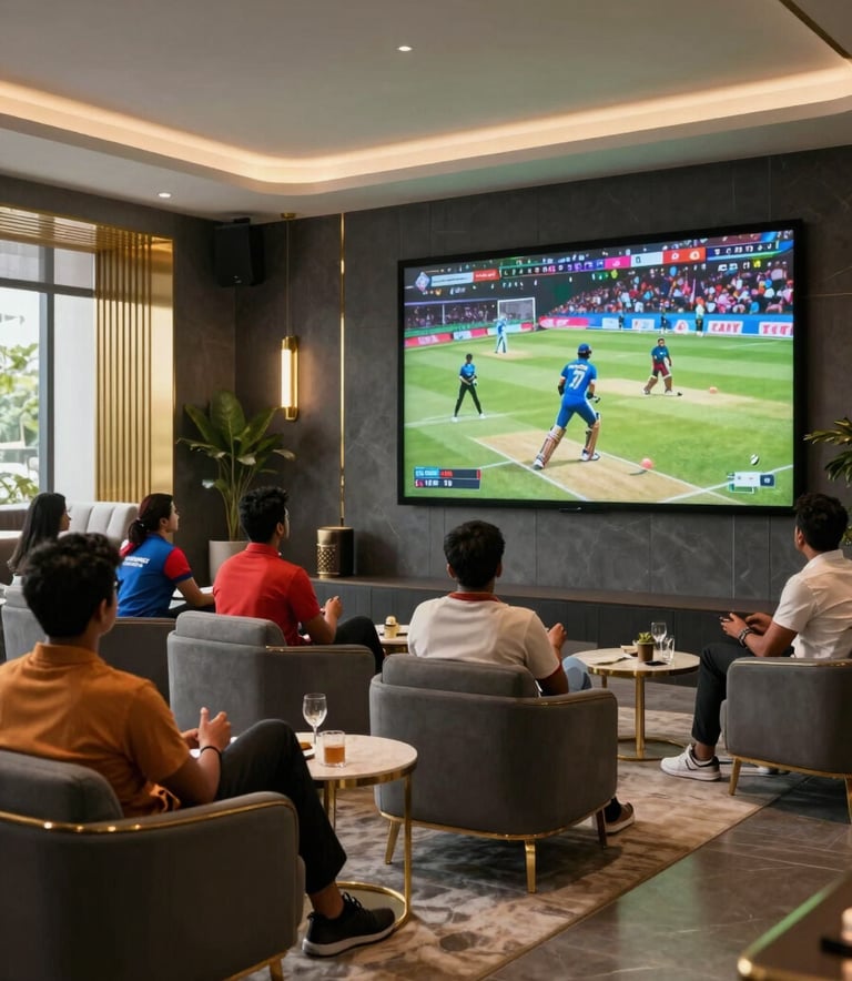 A sophisticated lifestyle photograph of a luxury sports lounge in a high-rise in India. The space features dark grey walls and gold accents. A group of trendy professionals are watching a cricket match on a large, high-definition screen. The atmosphere is vibrant, high-performance, and exclusive.