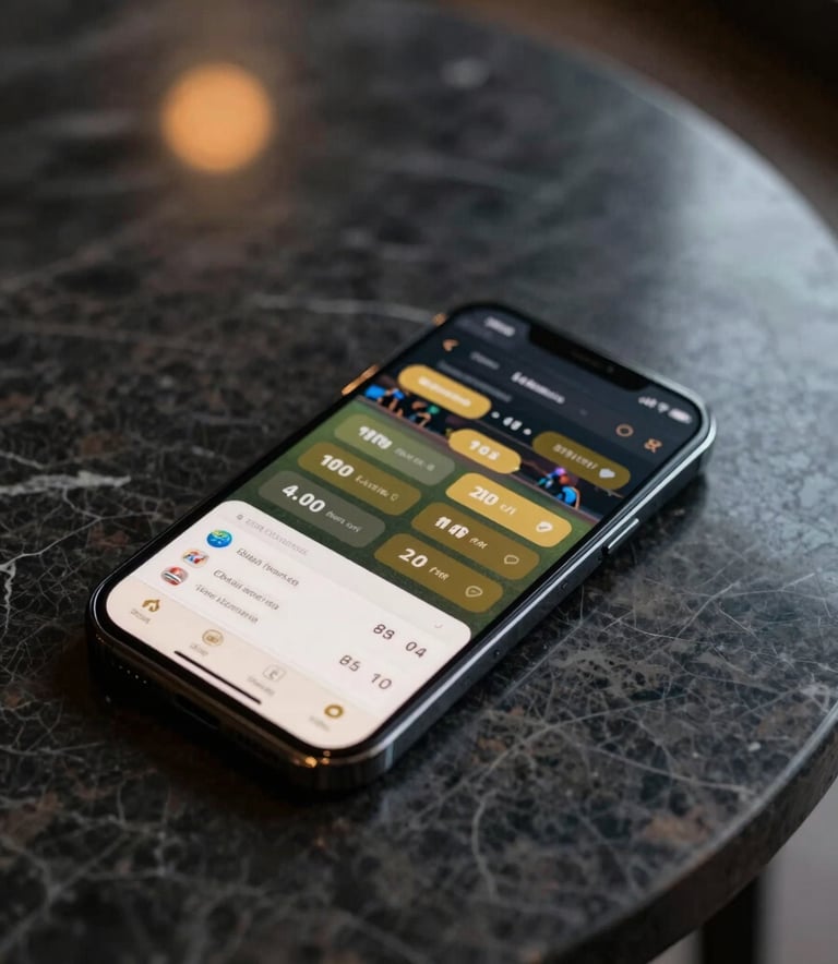 A high-angle macro photograph of a sleek, black smartphone resting on a dark marble tabletop in a modern South Asian interior. The screen displays a professional sports betting interface with live cricket odds in gold and off-white. The lighting is low and cinematic, with soft yellow reflections.