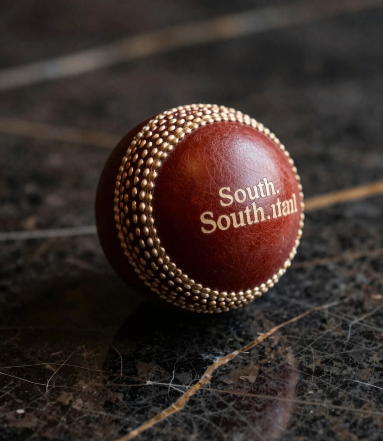 A premium close-up of a leather cricket ball resting on a high-end dark marble surface with soft gold lighting accents, modern and sophisticated feel, South Asian context.