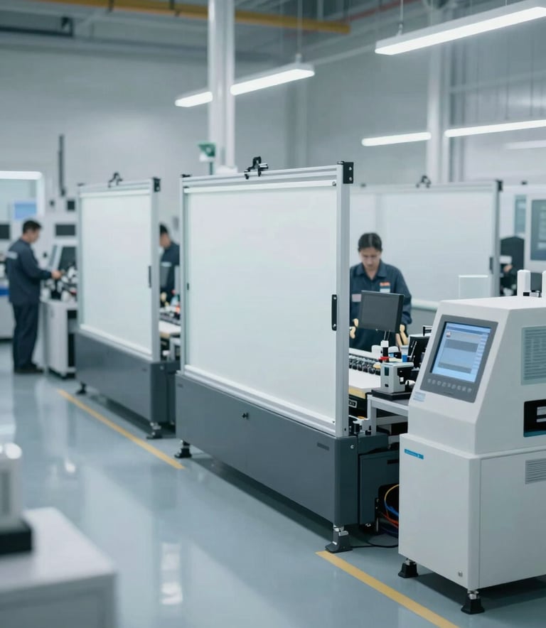 An wide-angle shot of a modern manufacturing facility for polyurethane screens. Skilled technicians are visible near advanced machinery. The atmosphere is clean and professional, using a color palette of #5B7B7C and #A3B5B5 for a high-tech feel.