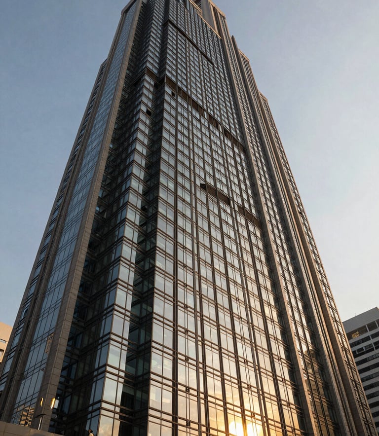 A dramatic low-angle shot of a glass and steel skyscraper in Bangkok, reflecting the golden hour sun. The composition emphasizes strength, stability, and reach into the Asia Pacific market.