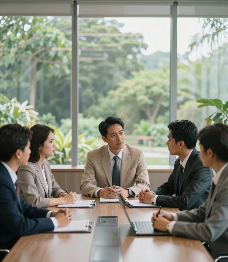 A group of professionals in tailored business attire having a focused discussion in a contemporary Thai boardroom. Large glass windows reveal lush greenery outside. Soft morning light and a palette of champagne and muted blue.