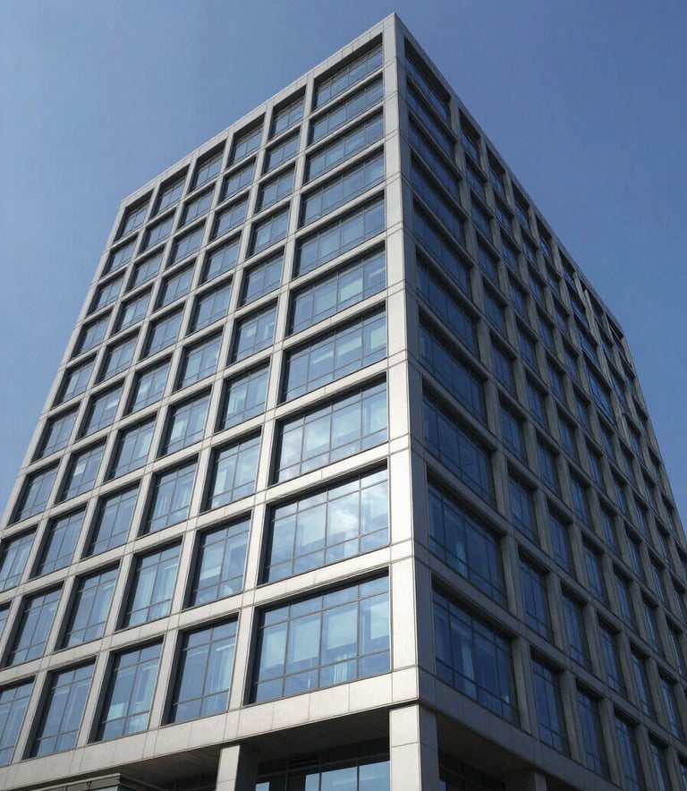 High-angle wide shot of a contemporary corporate building facade in Maharashtra, India, reflecting a clean blue sky. The scene conveys reliability and modern technology, featuring glass windows and polished architecture in tones of dark blue and silver gray.