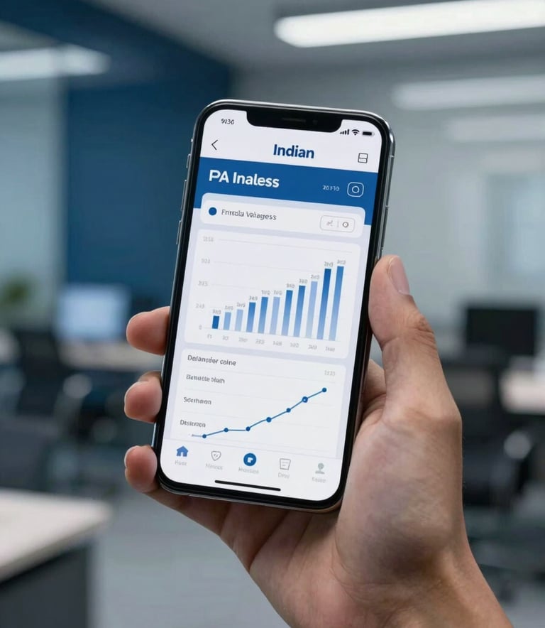 A close-up shot of a professional hand holding a modern smartphone displaying a clean financial interface. The background is a blurred, high-tech Indian corporate office with deep blue and light grey accents.