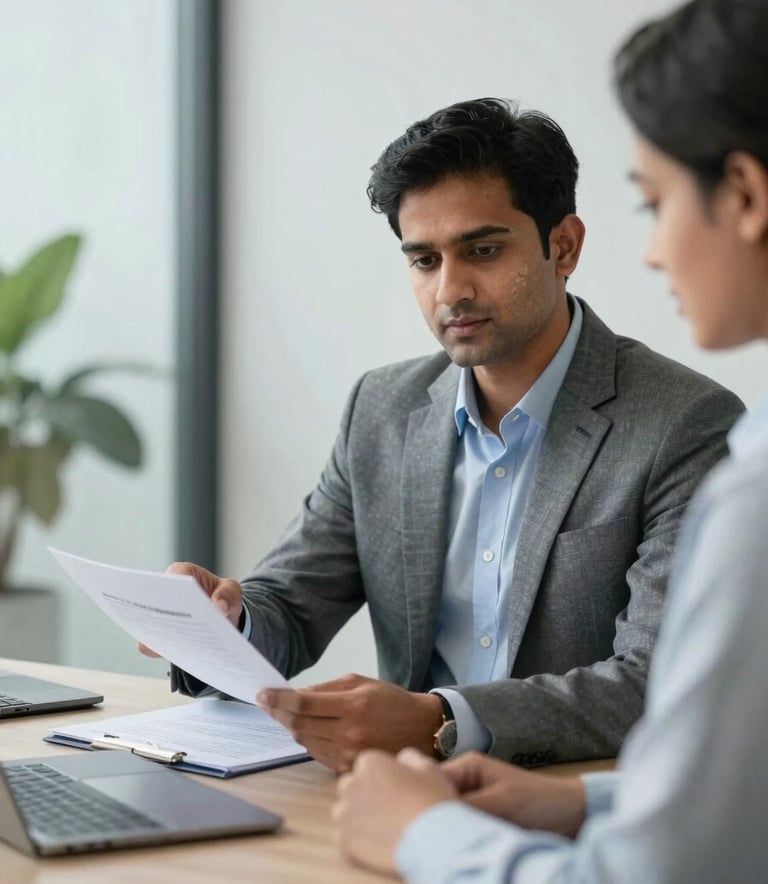 A professional South Asian insurance advisor in a sharp business suit sitting in a modern office, explaining documents to a corporate client. The atmosphere is trustworthy and professional, with a light grey and medium blue color palette in the decor.