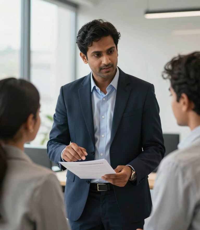 A medium shot of a professional South Asian / Indian insurance consultant in a modern, brightly lit office, explaining a document to a young couple. The atmosphere is trustworthy and expert, with soft natural light. Subtle accents of dark blue and light gray are present in the professional attire and office decor.