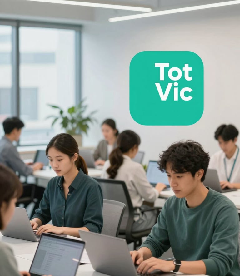 A collaborative office space in Vic where young professionals work on laptops, featuring a clean and modern design with teal (#6C9A8B) and white elements, reflecting the tech-local hybrid style of Tot Vic.