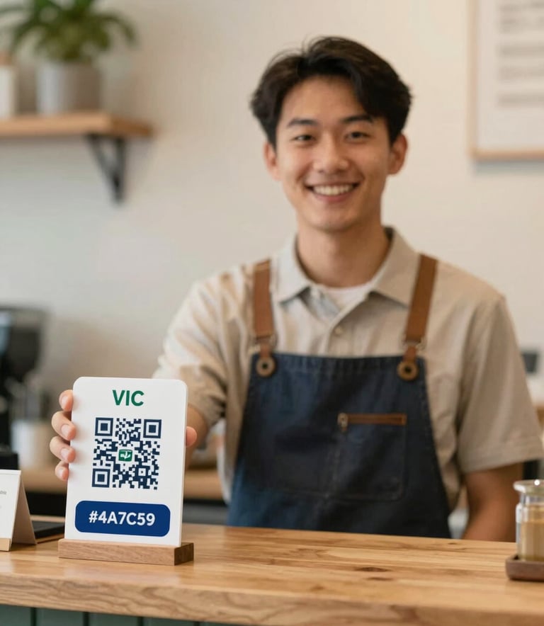 A local merchant in Vic smiling while showing a QR code stand on a wooden counter. Modern photography, clean lines, warm lighting, showing community connection. Incorporates #4A7C59 and #1A202C colors in the decor.