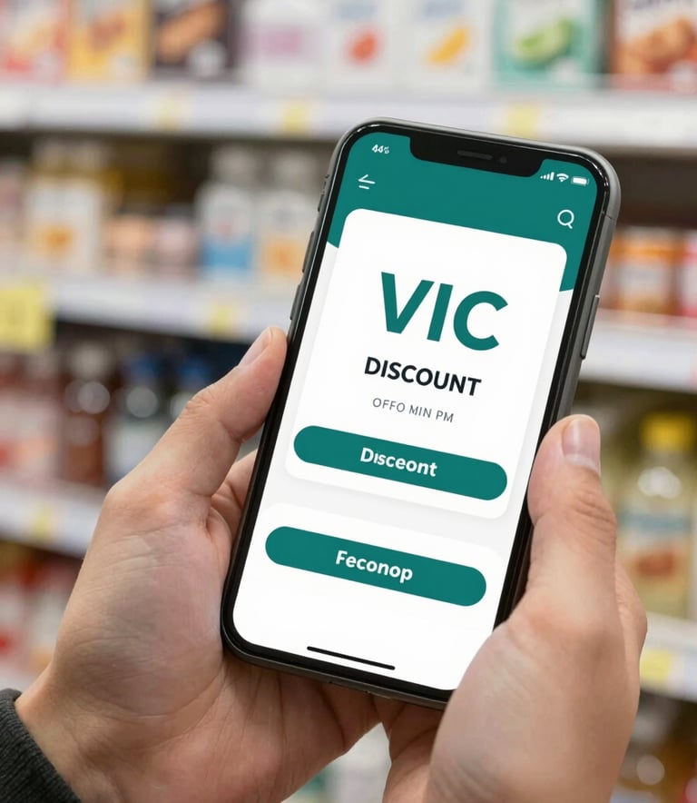 A close-up of a person using a mobile app to redeem a discount in a Vic shop. Digital interface visible with clean lines. High-tech but accessible feel. Background includes hints of the local shop environment. Color palette highlights #6C9A8B and #F8F8F8.