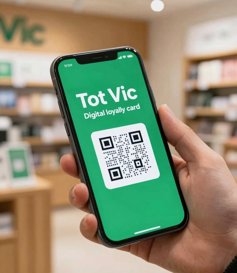 A close-up of a smartphone screen displaying the Tot Vic digital loyalty card with a QR code, held by a person in a brightly lit, modern shop in Vic. The shop has warm wooden textures and subtle green accents (#4A7C59).