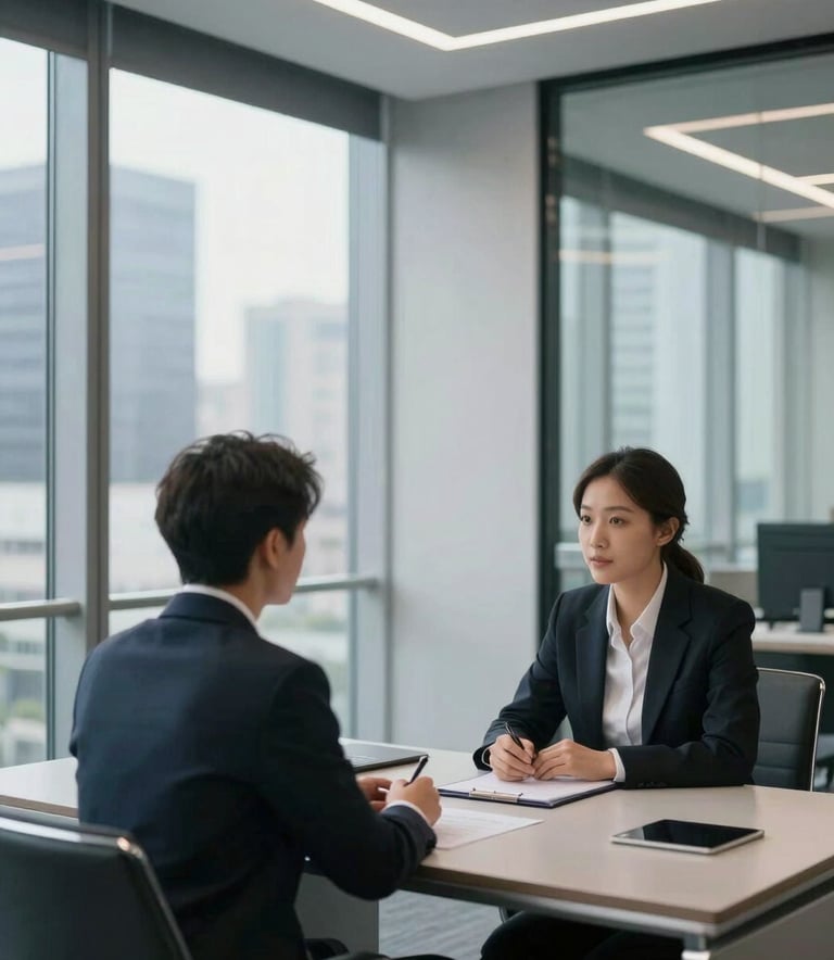 Photography of a professional consultation in a modern corporate office with metallic silver accents, clean lines, and large glass windows overlooking a city, Global / Corporate.