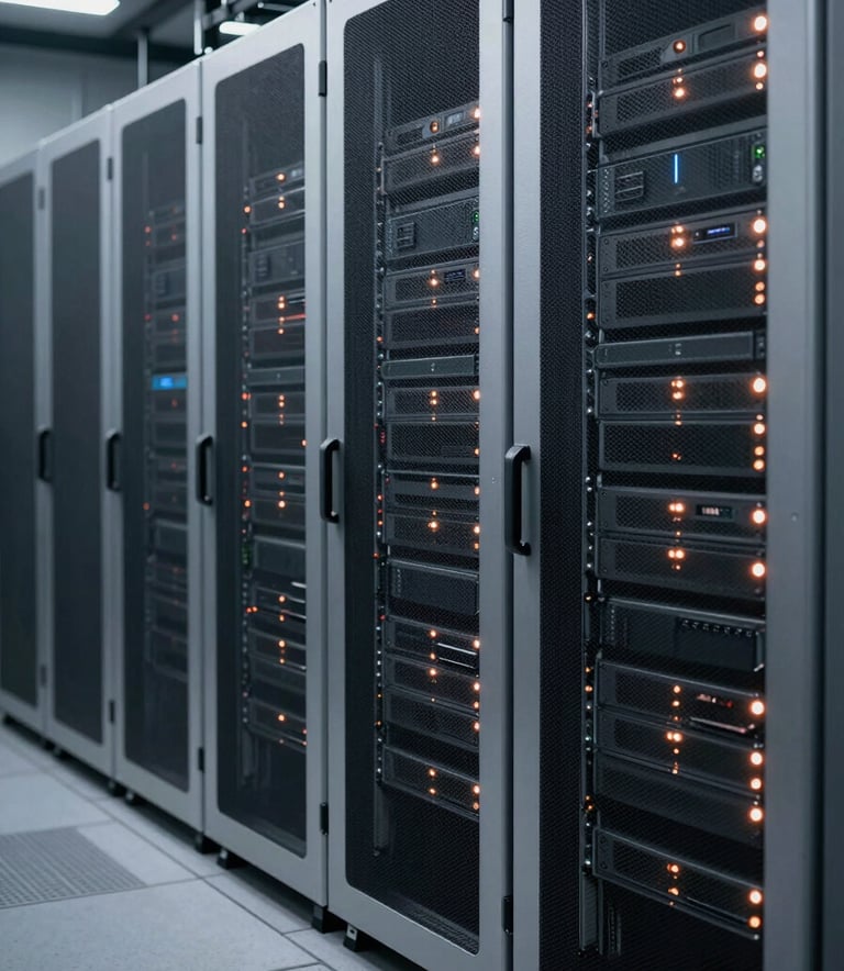 A detailed photography shot of a high-tech data center with sleek metallic silver server racks, charcoal gray floors, and subtle copper orange status lights, conveying precision and reliability in a professional setting.