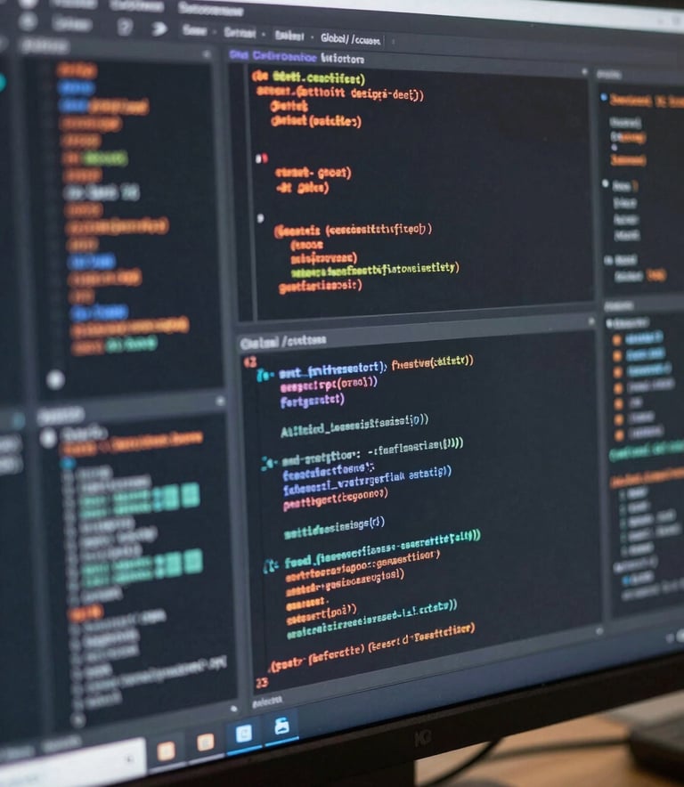 Close-up photography of a high-resolution monitor showing complex coding and AI data visualizations, reflective surfaces with charcoal gray and copper orange light accents, Global / Corporate.