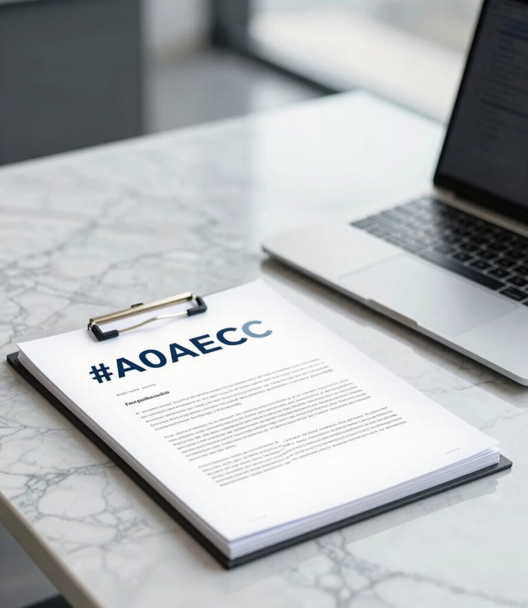 Professional close-up of high-end legal documents and a sleek silver laptop on a marble desk, reflecting a corporate Bengaluru office setting. The lighting is bright and airy, incorporating soft shadows and the brand palette of #A0AEC0 and #F7FAFC for a technologically advanced and trustworthy feel.