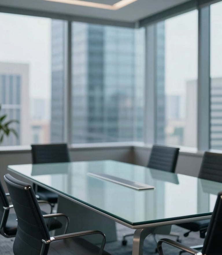 Modern corporate boardroom in a Bengaluru high-rise, featuring a large glass table and ergonomic chairs. The mood is professional and ambitious, with cool daylight and a color scheme focusing on #2D3748 and #F7FAFC to denote trustworthiness and modern efficiency.