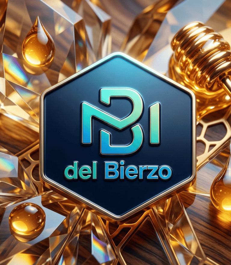 Sello 3D de la Marca de Garantía Miel del Bierzo rodeado de gotas de miel pura dorada y un cucharón 