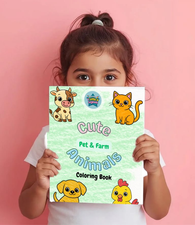 a little girl holding a Learning Little Legends coloring book