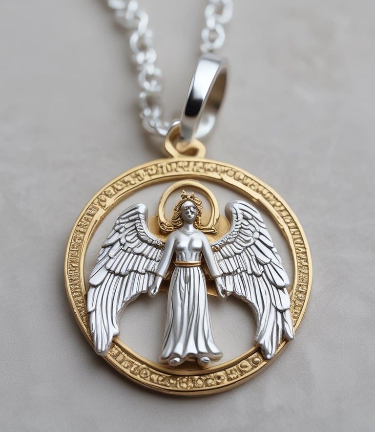 Close-up of an intricate angel pendant showcasing divine craftsmanship.
