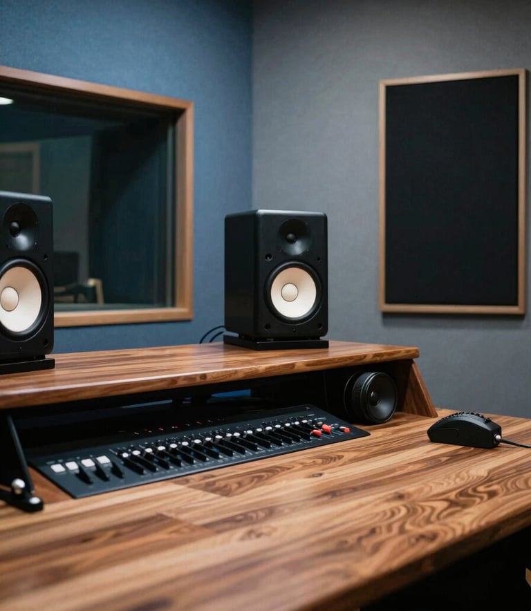 A high-end recording studio interior with professional studio monitors, soundproofing panels in Slate Blue, and a polished wooden desk. The lighting is low and atmospheric, emphasizing a professional, creative workspace.